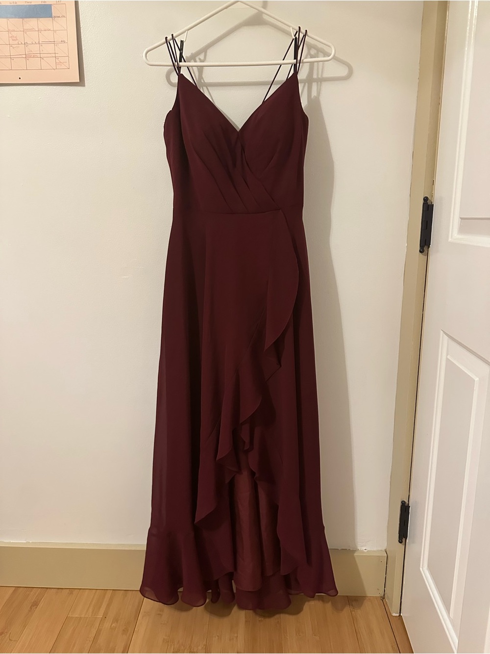 Spaghetti Strap Ruffle Maxi Dress in Burgundy